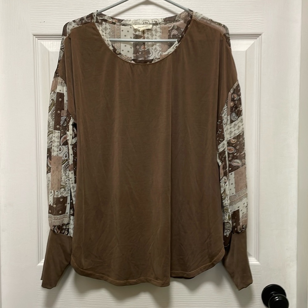MYSTREE | Brown | Paisley Sheer Balloon Sleeves |Drop Shoulder | Blouse | Size S